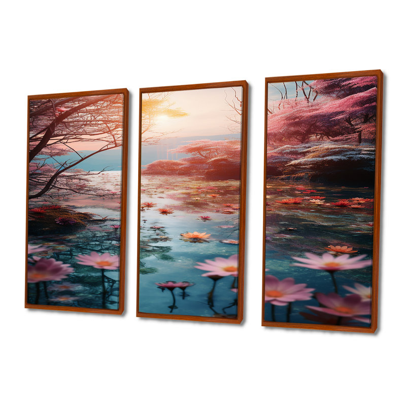 Rivière rose avec fleurs de lotus rose - lotus, Cadre flottant brun, H 28 po x l 36 po x P 1 po
