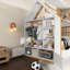 Lit simple en bois massif blanc et naturel avec tiroirs et tablettes