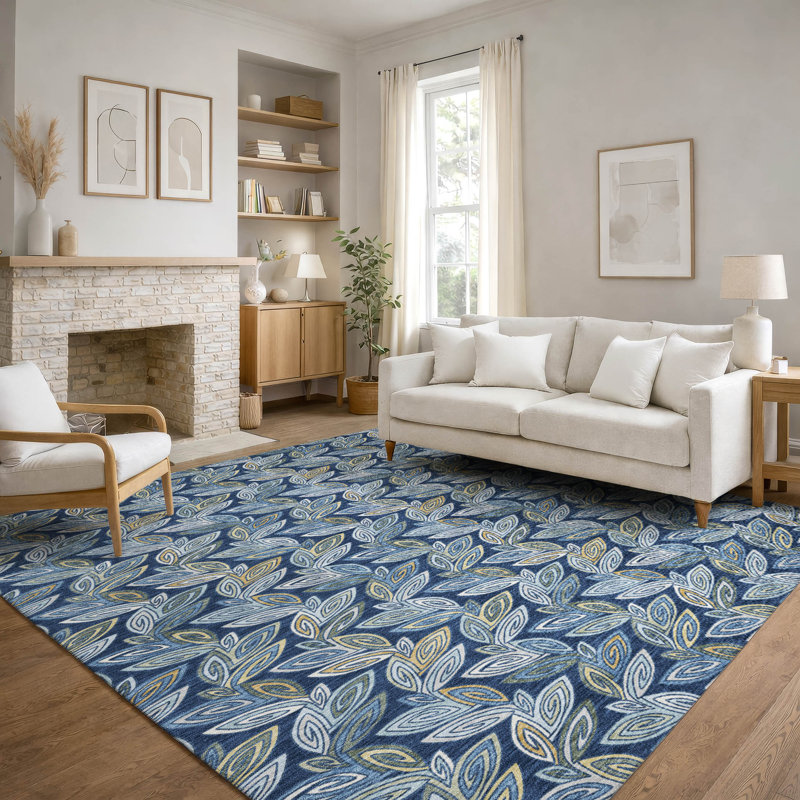 Tapis botanique Premium lavable à la machine Villers, Marine, 3 pi x 5 pi
