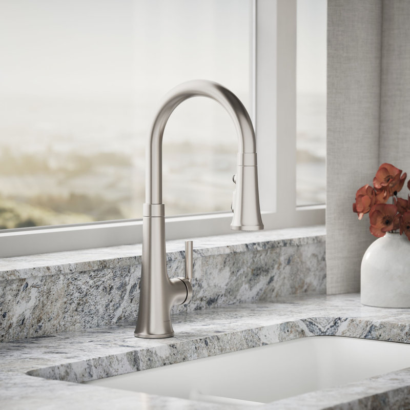 Kohler Tone Single Handle Pull Down Kitchen Sink Faucet with Three-Function Pull Down Sprayer, Vibrant Stainless