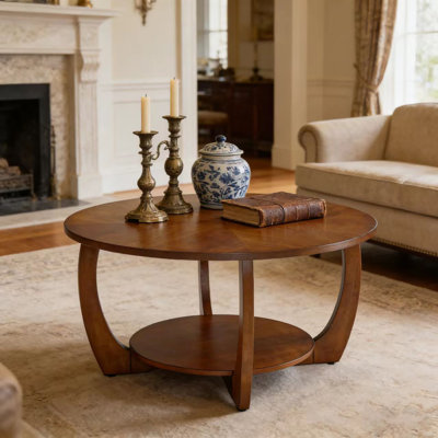 LUMERA Collection Mid-Century Modern Round Coffee Table with Removable Storage Shelf, 29.5” Wood Drum Coffee Table with Veneer Inlay Top for Living Room, Small Spaces