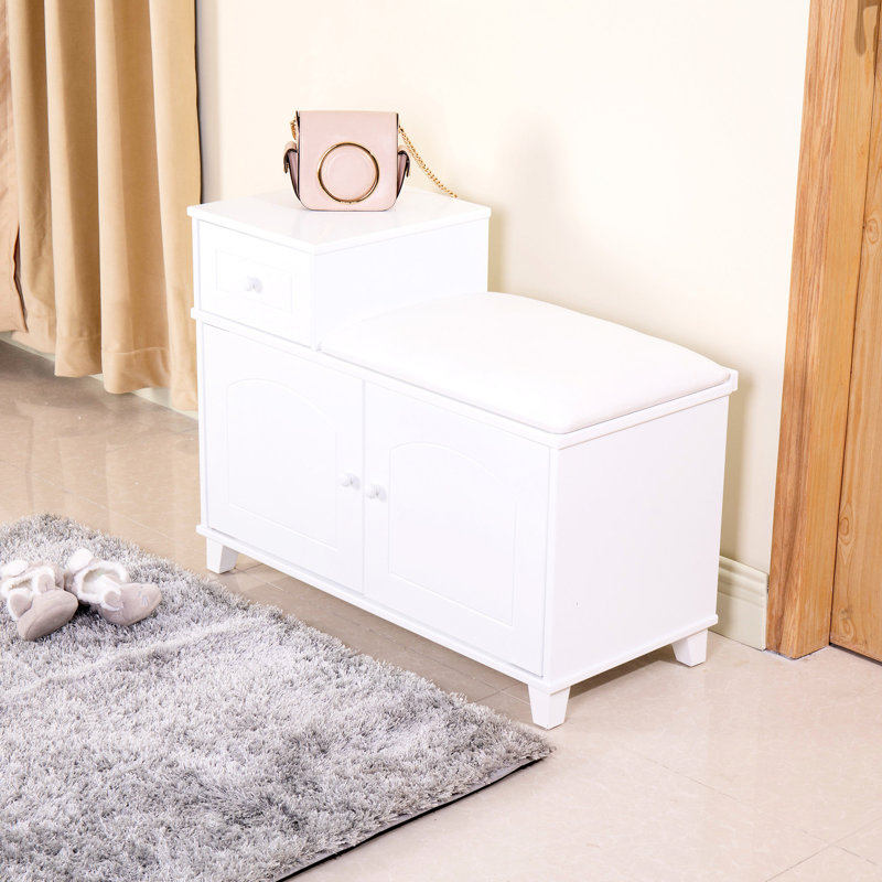 Élégant banc blanc pour armoire à chaussures avec coussin, portes doubles, tiroir mobile pour cloison de rangement à double porte et chambre supplémentaire