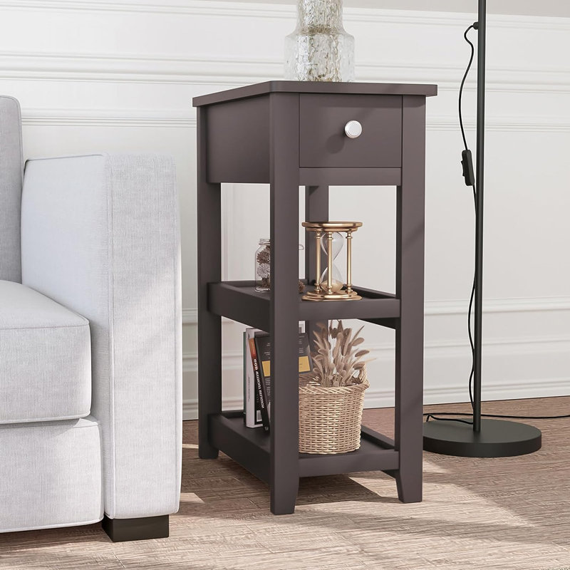 24'' Tall End Table, Narrow Side Table with Drawer and Shelves for Small Space, Brown