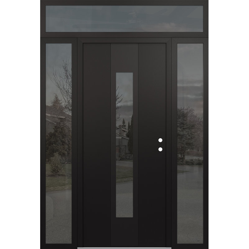 A1 Right-Hand Panel Black Steel Prehung Front Entry Door With Two Sidelites And Transom, Mirrored, 61.06" W x 95.69" H