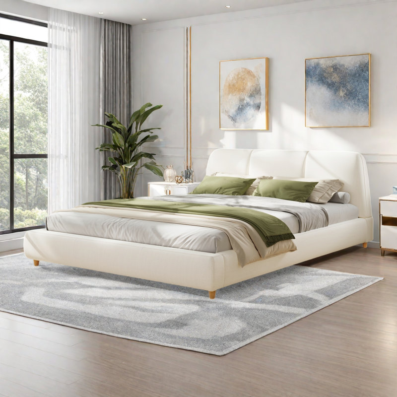 Lit rembourré moderne avec tête de lit confortable, conception encastrée et pieds en bois, Très grand