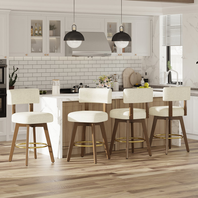 Tabouret de bar pivotant rembourré avec structure en bois massif et repose-pieds plaqué or, Blanc