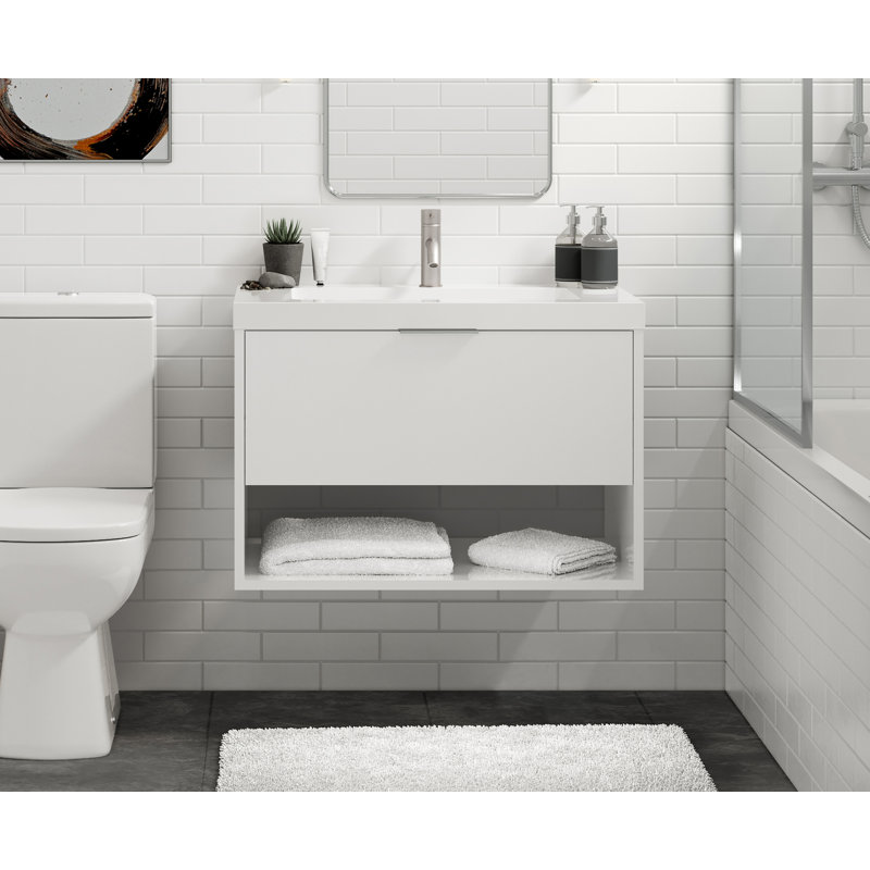 Modo 42" W Wall Mounted Single Bathroom Vanity, Matte Black, Gloss White/Single, White Acrylic