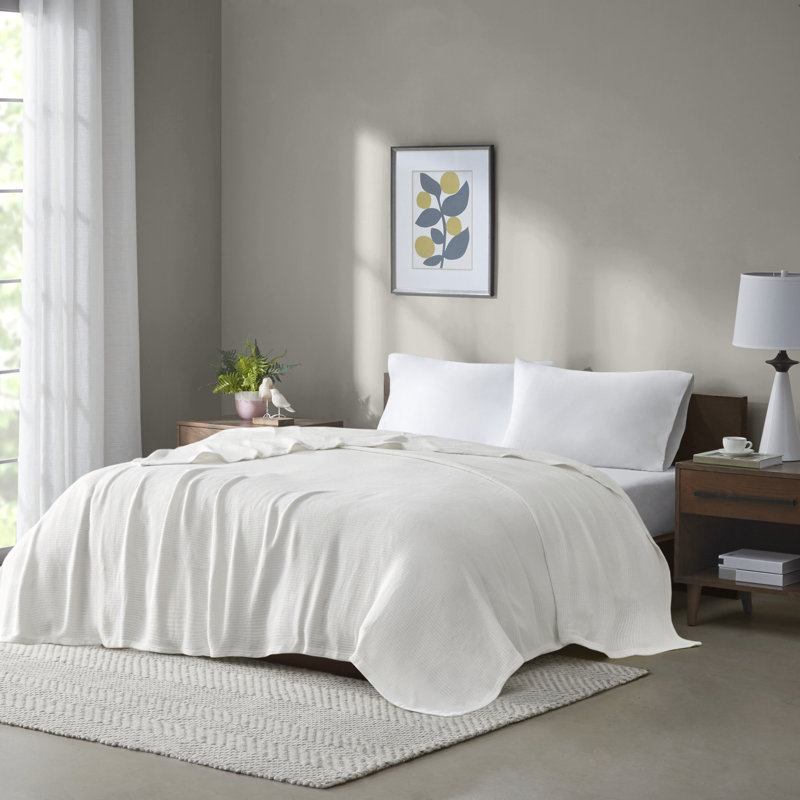 Couverture douce 100% coton Freshspun Basketweave, Grand lit, Crème