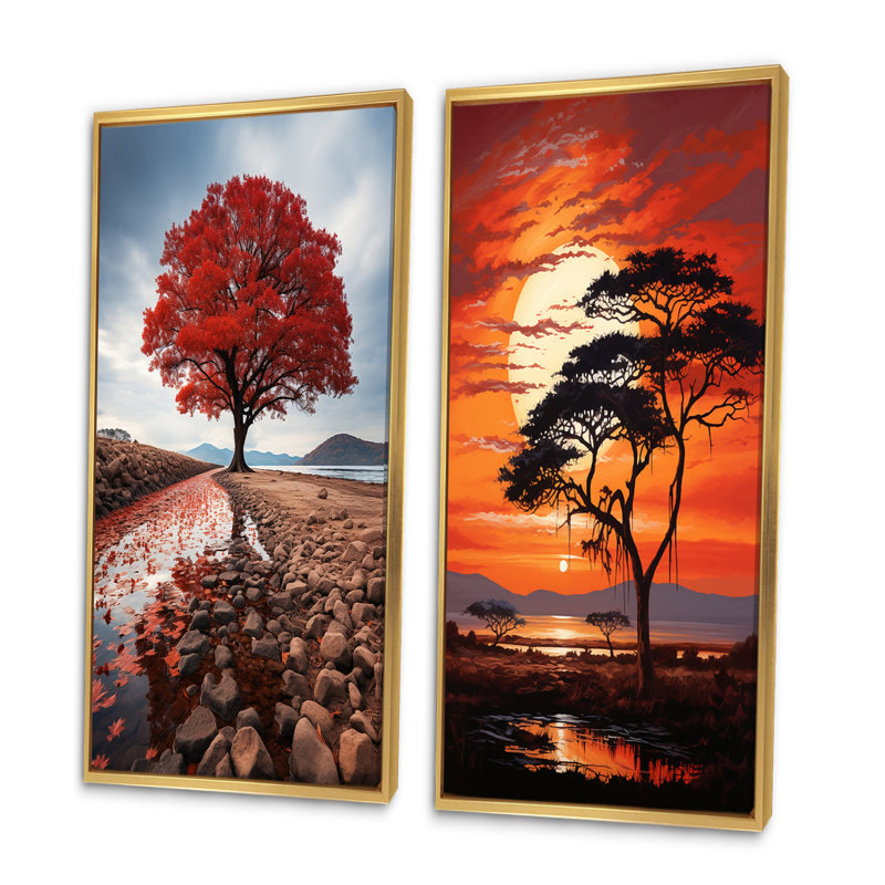 «African Tree Orange Sunset Majesty», 2 pièces, Encadrement doré, H 32 po x l 32 po