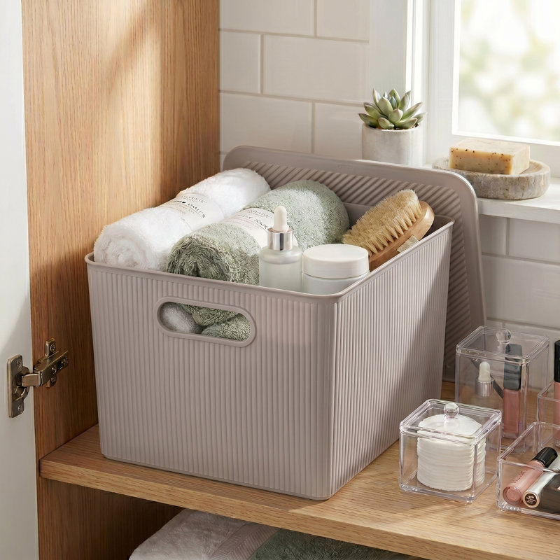 Ribbed Plastic Basket, 1, Taupe