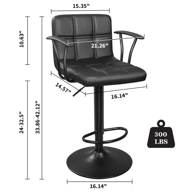 Tabourets de bar pivotants à hauteur réglable en cuir synthétique à double aiguille avec dossier et accoudoirs, Noir, Noir