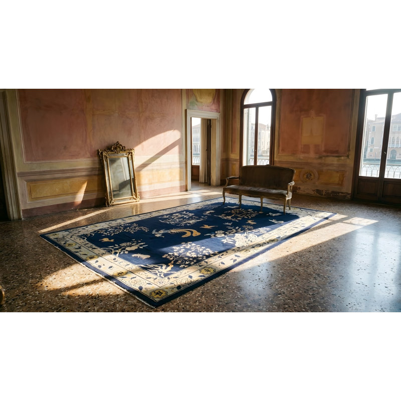 Hand Knotted Wool Area Rug in Blue