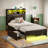 Bed Frame with Bookcase Headboard and 4 Storage Drawers, Metal Platform Bed with RGB LED Lights-1231716786