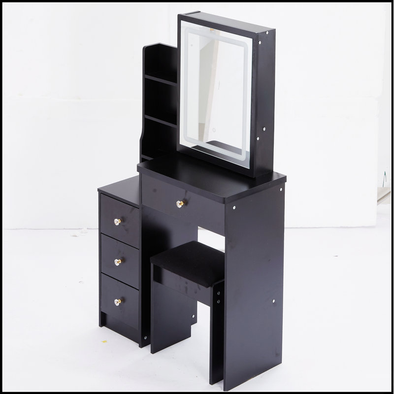 Compact Vanity Table Set With LED Mirror, Touch Control, And High Capacity Storage For Small Spaces