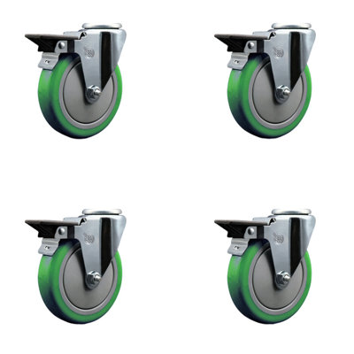 5 Inch Green Poly Wheel Swivel Bolt Hole Caster Set with Posi Lock Brakes SCC