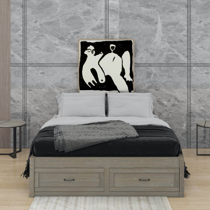 Grand lit plateforme avec tiroirs, Gris antique