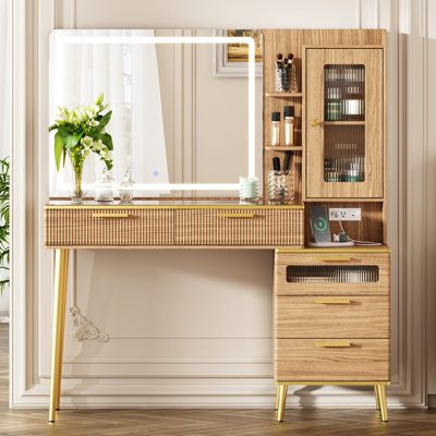 47.24" Makeup Vanity with 29.53" Lighted Mirror, 5 Drawers & Charging Station & 3 Light Modes
