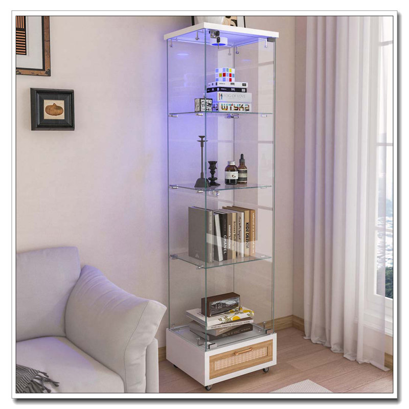 Vitrine moderne en verre avec tiroir et lumières DEL, Blanc/naturel