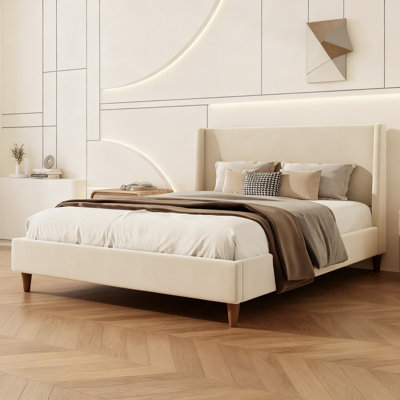 Modern Upholstered Platform Bed with Wingback Headboard and Walnut Wooden Legs, No Box Spring Needed
