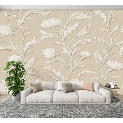 Papier peint adhésif décoratif à motif floral blanc et beige à motif botanique H 100 po x l 144 po, papier peint amovible en PVC auto-adhésif pour chambre à coucher, bureau à domicile