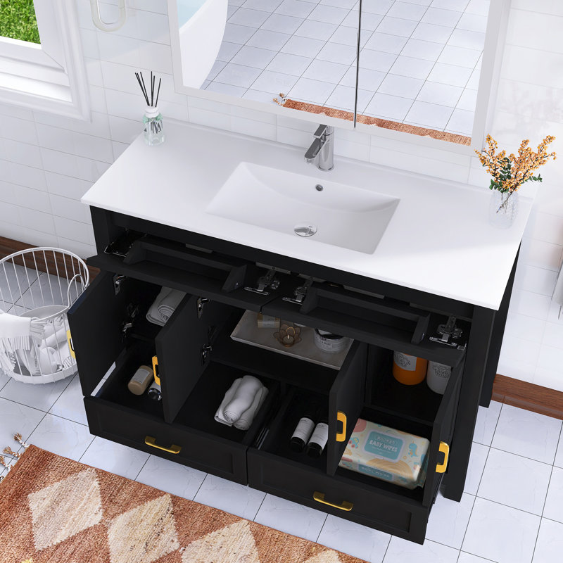 Meuble-lavabo simple autoportant 48 po avec plateau intégré en céramique blanche 48 po, Noir