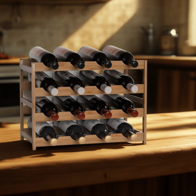 Support à vin en bambou à 4 niveaux pour comptoir et armoire, porte-bouteilles autoportant robuste pour le rangement et la présentation, capacité de 16 bouteilles