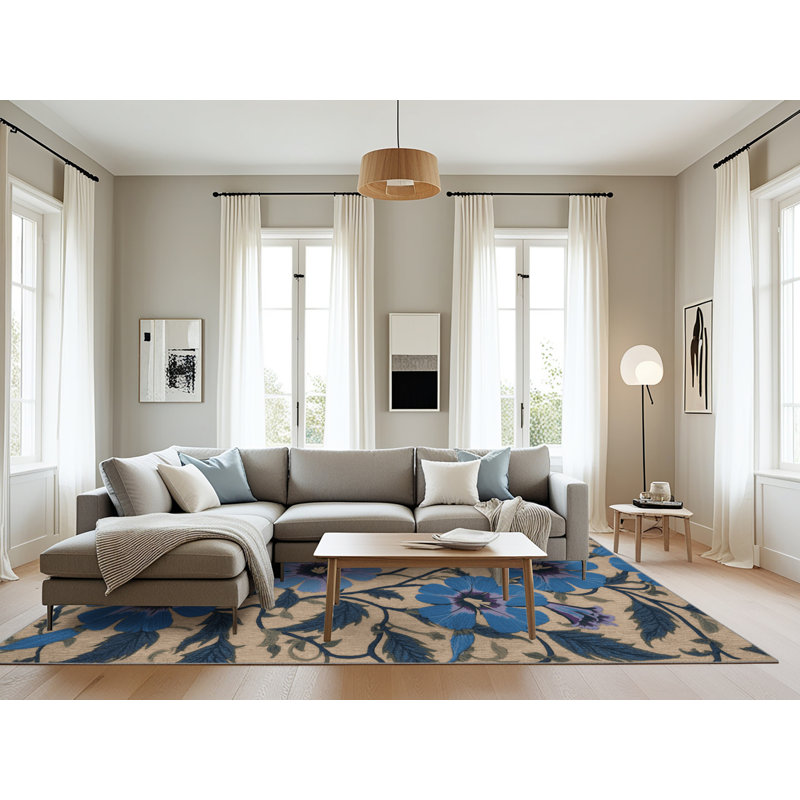 Tapis gris botanique lavable à la machine, Rectangle 8 pi x 10 pi