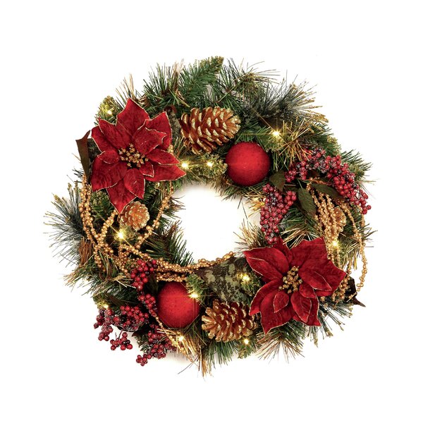 The Seasonal Aisle 45cm Pre-lit Poinsettia Wreath & Reviews | Wayfair.co.uk