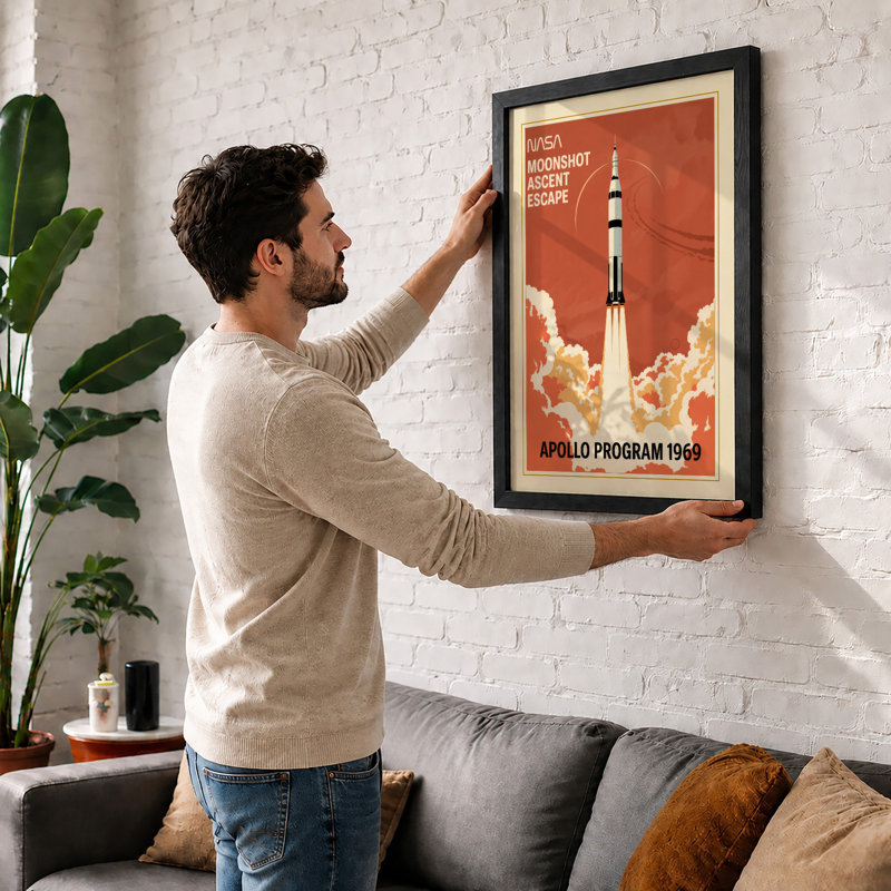 Apollo Moonshot Ascent Retro - Framed Print, A1 - 84.1 x 59.4 cm, Black