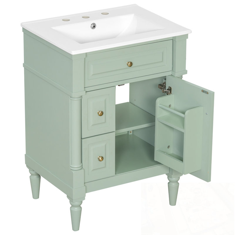 Meuble-lavabo avec lavabo, 2 tiroirs et tablettes de porte, Vert
