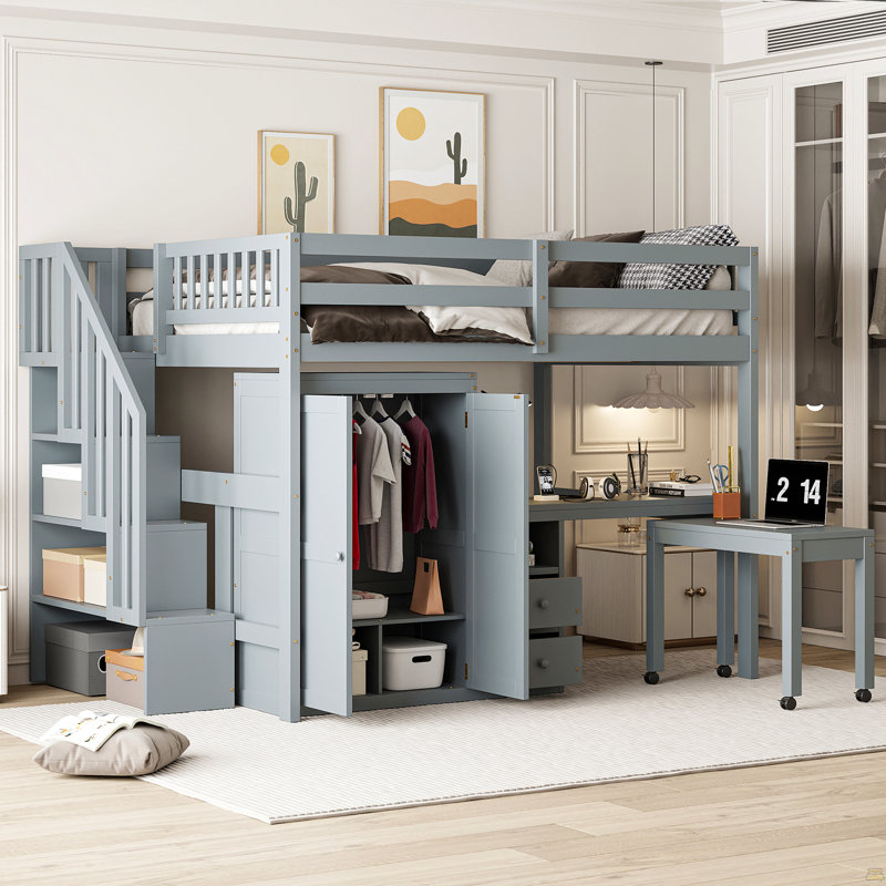 Lit mezzanine double avec escalier, bibliothèque, tiroirs, bureau et garde-robe, Grey