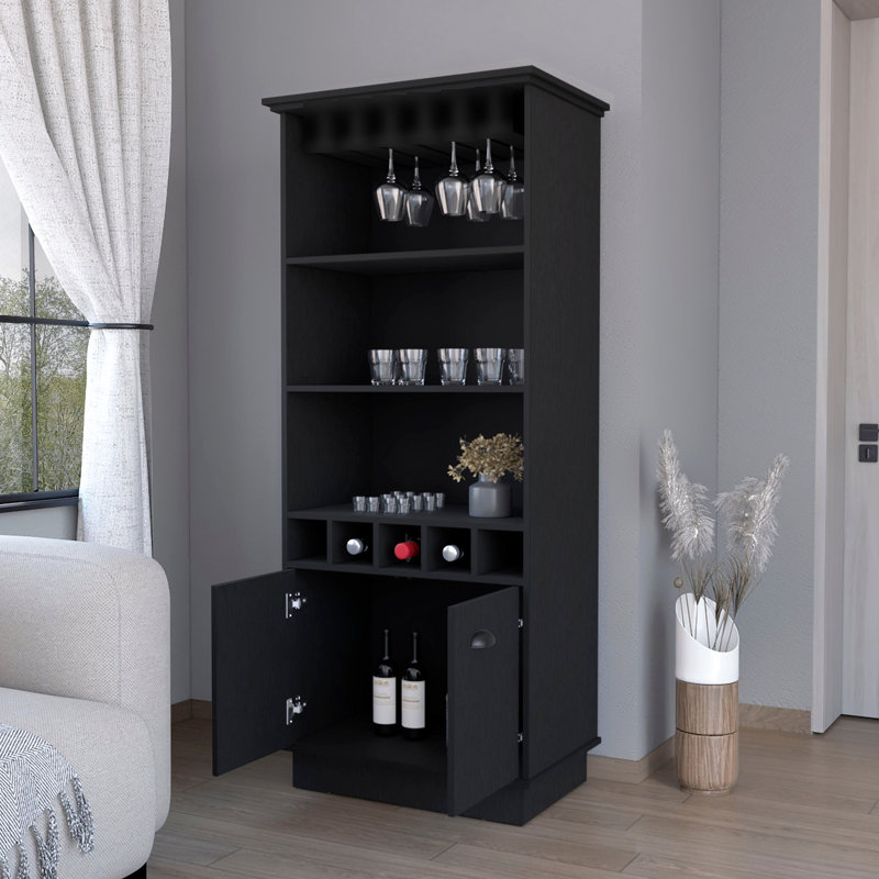 Armoire de bar en bois noire avec support de rangement en verre et options de rangement polyvalentes