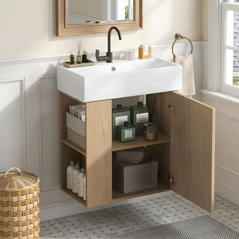 Meuble-lavabo mural avec lavabo en céramique, rangement à gauche et armoires à portes à fermeture en douceur, Bois