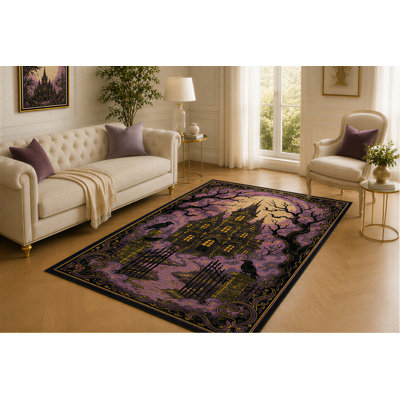 Tapis de maison hantée 5 pi x 7 pi, œuvre de château mauve au clair de lune et porte Raven, couverture de sol à imprimé lisse pour salon, chambre à coucher, bureau et décoration d'Halloween