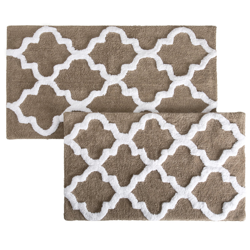 Ensemble de tapis de salle de bain 2 pièces - Tapis de bain 100% coton 41 x 24,5 pouces et 34 x 21 pouces avec imprimé de treillis texturé pour un décor de salle de bain élégant - Tapis de bain tapis antidérapants lavables par Lavish Home (taupe)