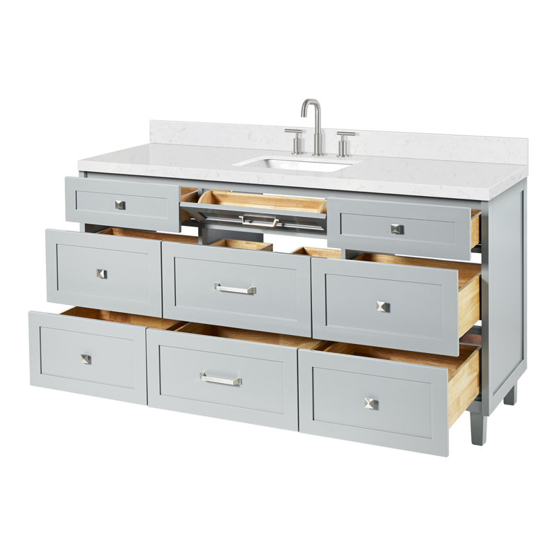Meuble-lavabo rectangulaire simple de 66 po avec comptoir en quartz de Carrare Ariel Monroe, Gris