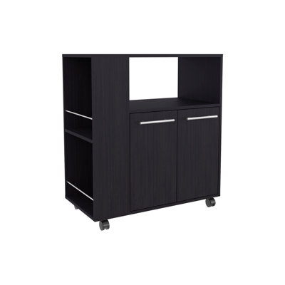 Kitchen Cart with Microwave Shelf. Open Storage. and Two-Door Cabinet.