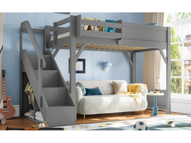 Twin Size Loft Bed With Built-In Wardrobe And Storage Space, Solid Wood Loft Bed With Beside Shelves, Full-Length Guardrails And Stairs, No Box Spring Needed, Gray