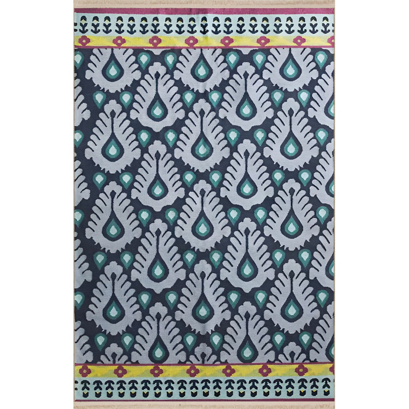 Tapis bleu lavable décoratif moderne à motif floral bleu, Sous-tapis rectangulaire 4 pi 7 po x 6 pi 7 po inc
