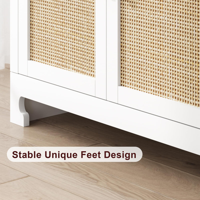 White and Natural Rattan 4-Door Buffet Cabinet with Shelf