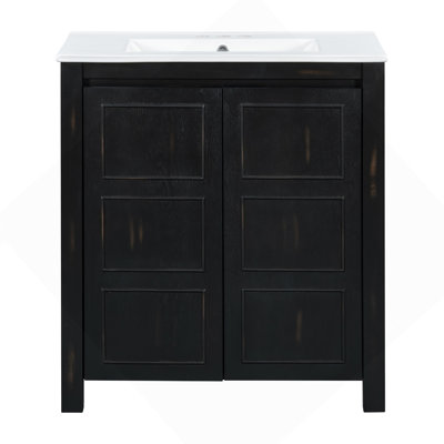 Meuble-lavabo rustique de 30 po avec lavabo en céramique, portes à fermeture douce et tablette réglable, armoire de rangement espresso, structure en bois moderne, espace généreux, facile à nettoyer