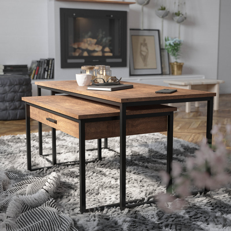 2 Piece Modern Nesting Coffee Table Set with Storage Drawer and Sled Base Metal Frames