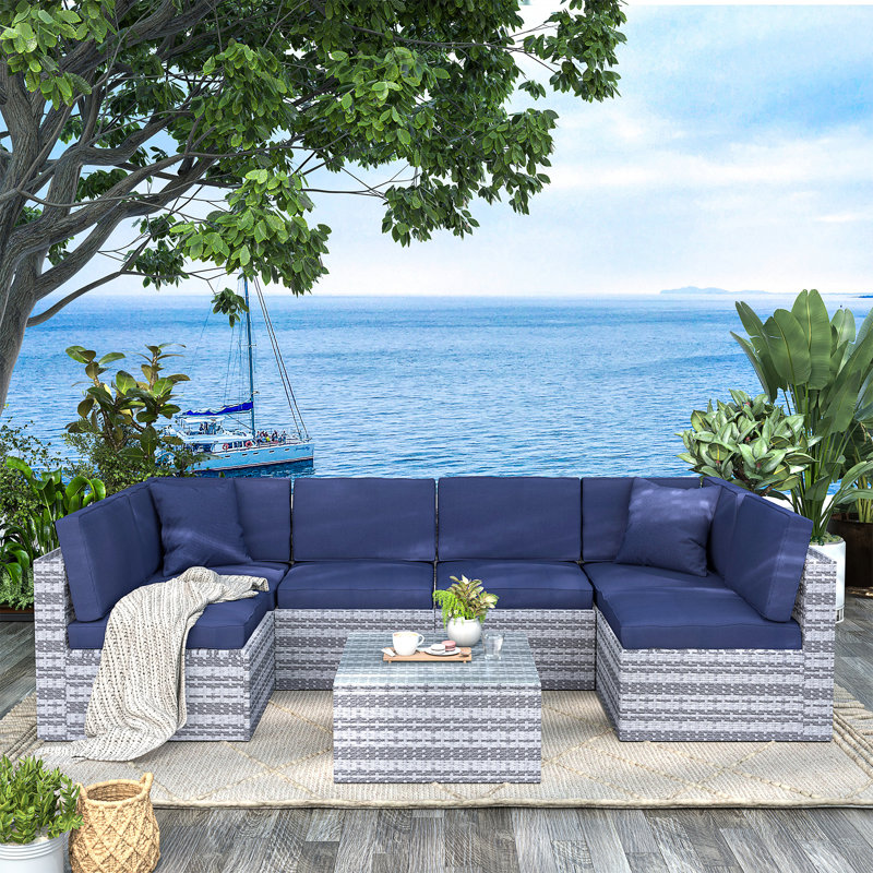 Kristleifur Rattan 6 - Person Seating Group With Cushions, Deep Blue, Grey