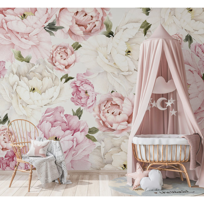 Papier peint floral rose doux et pivoine blanche, L 106 po x l 187 po