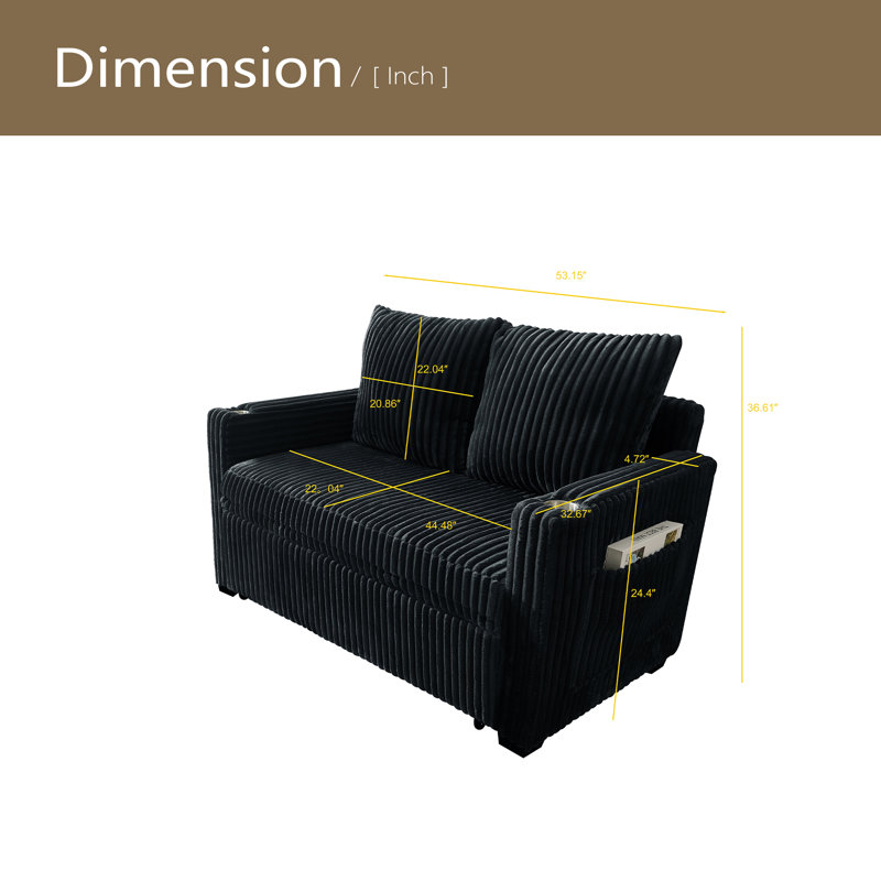 Canapé-lit inclinable de 53 pouces avec fonction de charge USB, canapé escamotable, tissu en velours côtelé, dossier inclinable avec réglage à cinq positions