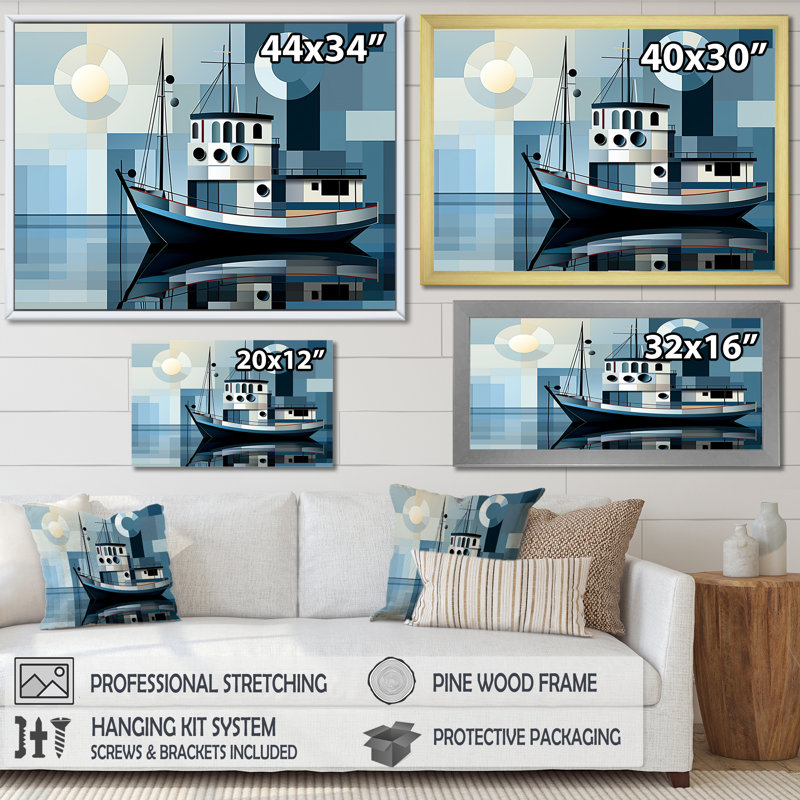 Bateau de marina moderne dans un port - art mural bateau côtier, Cadre flottant doré, H 24 po x l 32 po x P 1 po