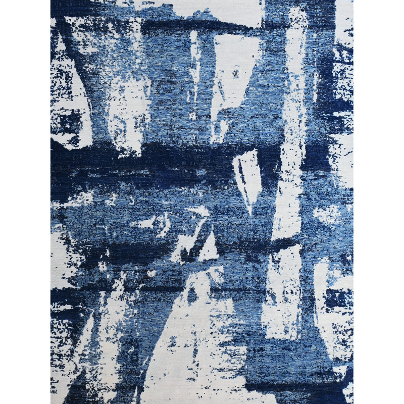 Tapis en laine noué à la main en blanc / bleu, Rectangle 6 pi x 9 pi