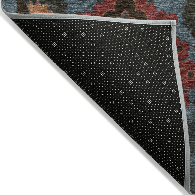 Denim Blue and Red Synthetic Washable Rectangular Rug
