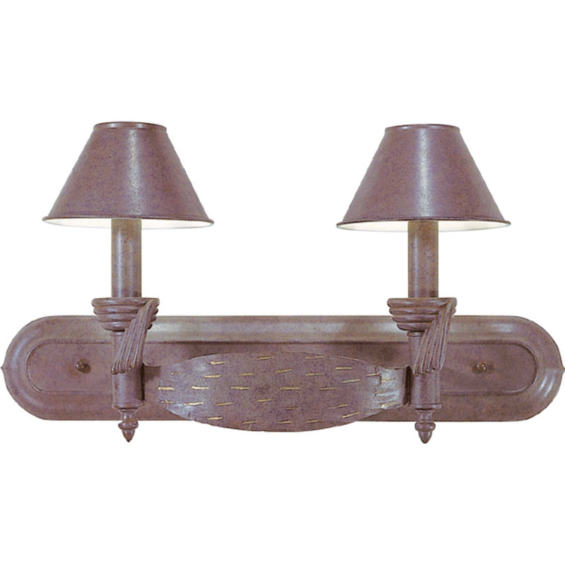 Toltec 2-Light Indoor Prairie Rock and Gold Wrought Iron Wall Mount Wall Sconce Vanity Light with Metal Shades