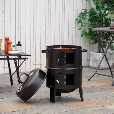 Vertical Charcoal BBQ Smoker, 3-in-1 16" Round Charcoal Barbecue Grill with 2 Cooking Area, and Thermometer for Outdoor Camping Picnic Backyard Cooking